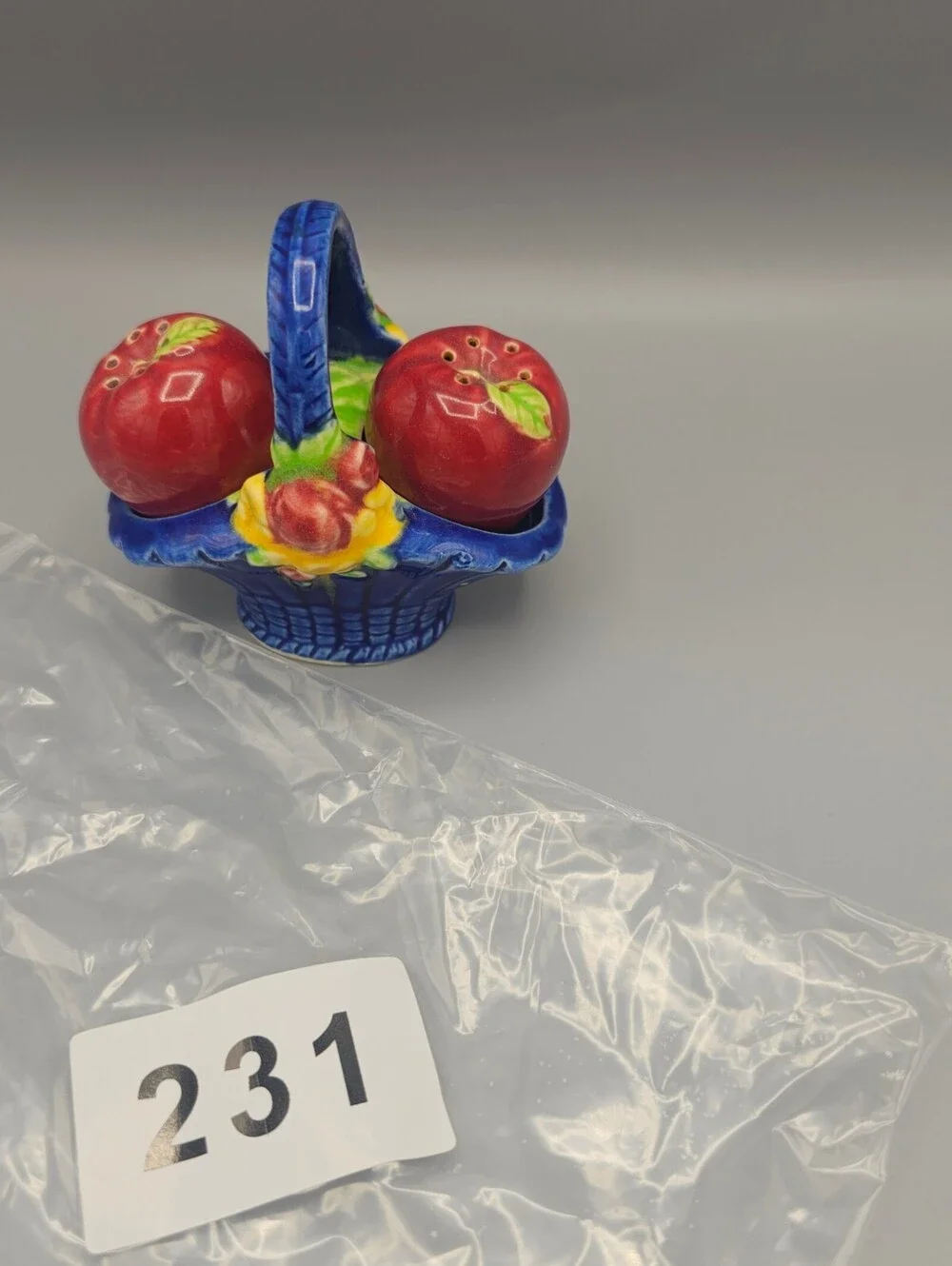 Vintage Ceramic Apple Salt and Pepper Shakers with Blue Basket Holder